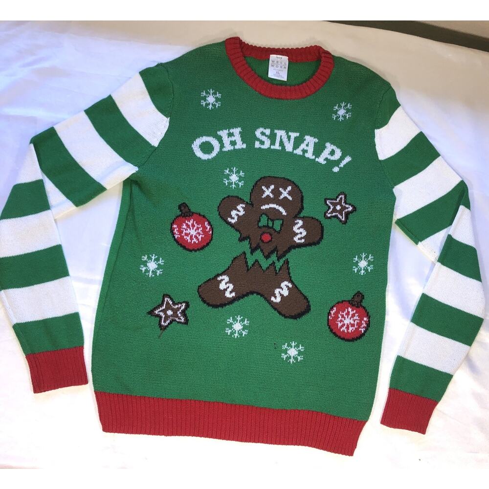 Well Worn Ugly Christmas Sweater Ginger Man Cookie Oh Snap Knit Youth Size XL